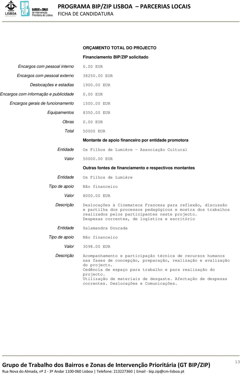 00 EUR 1500.00 EUR 8350.00 EUR 0.00 EUR 50000 EUR Montante de apoio financeiro por entidade promotora Entidade Valor Os Filhos de Lumière - Associação Cultural 50000.