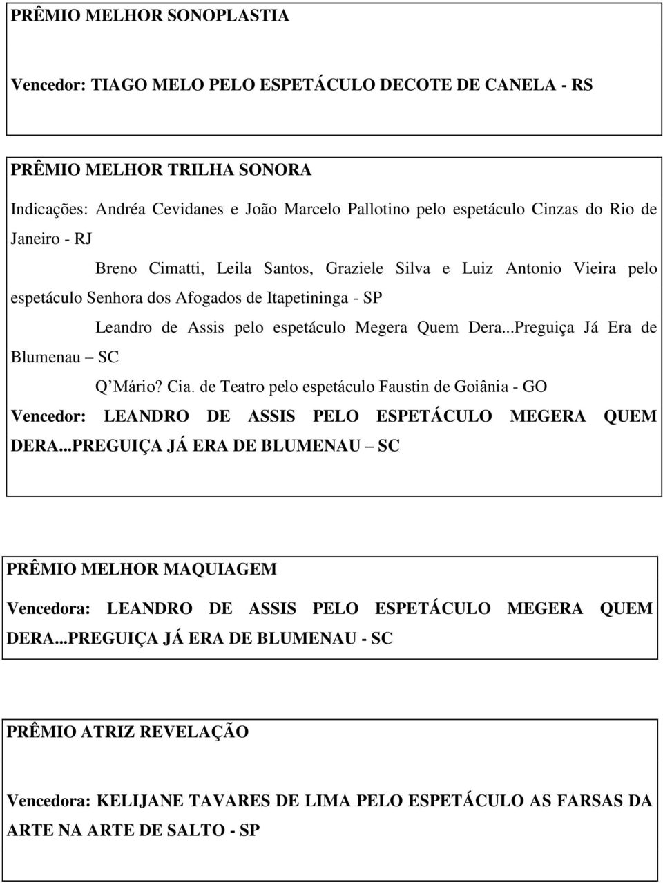 ..Preguiça Já Era de Blumenau SC Q Mário? Cia. de Teatro pelo espetáculo Faustin de Goiânia - GO Vencedor: LEANDRO DE ASSIS PELO ESPETÁCULO MEGERA QUEM DERA.