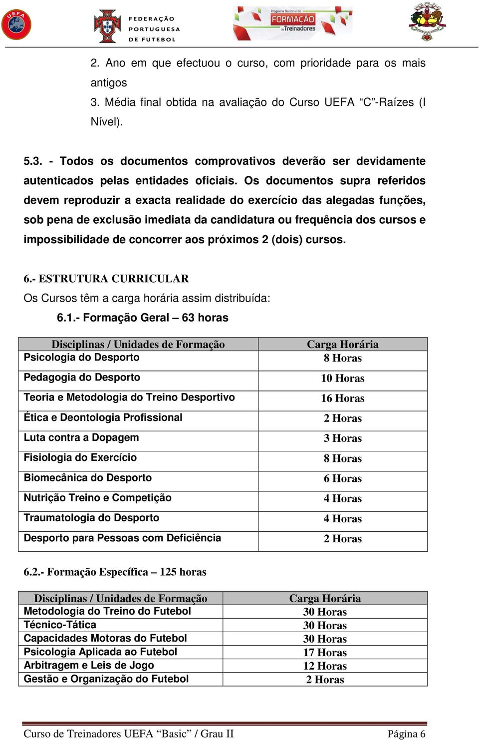 concorrer aos próximos 2 (dois) cursos. 6.- ESTRUTURA CURRICULAR Os Cursos têm a carga horária assim distribuída: 6.1.