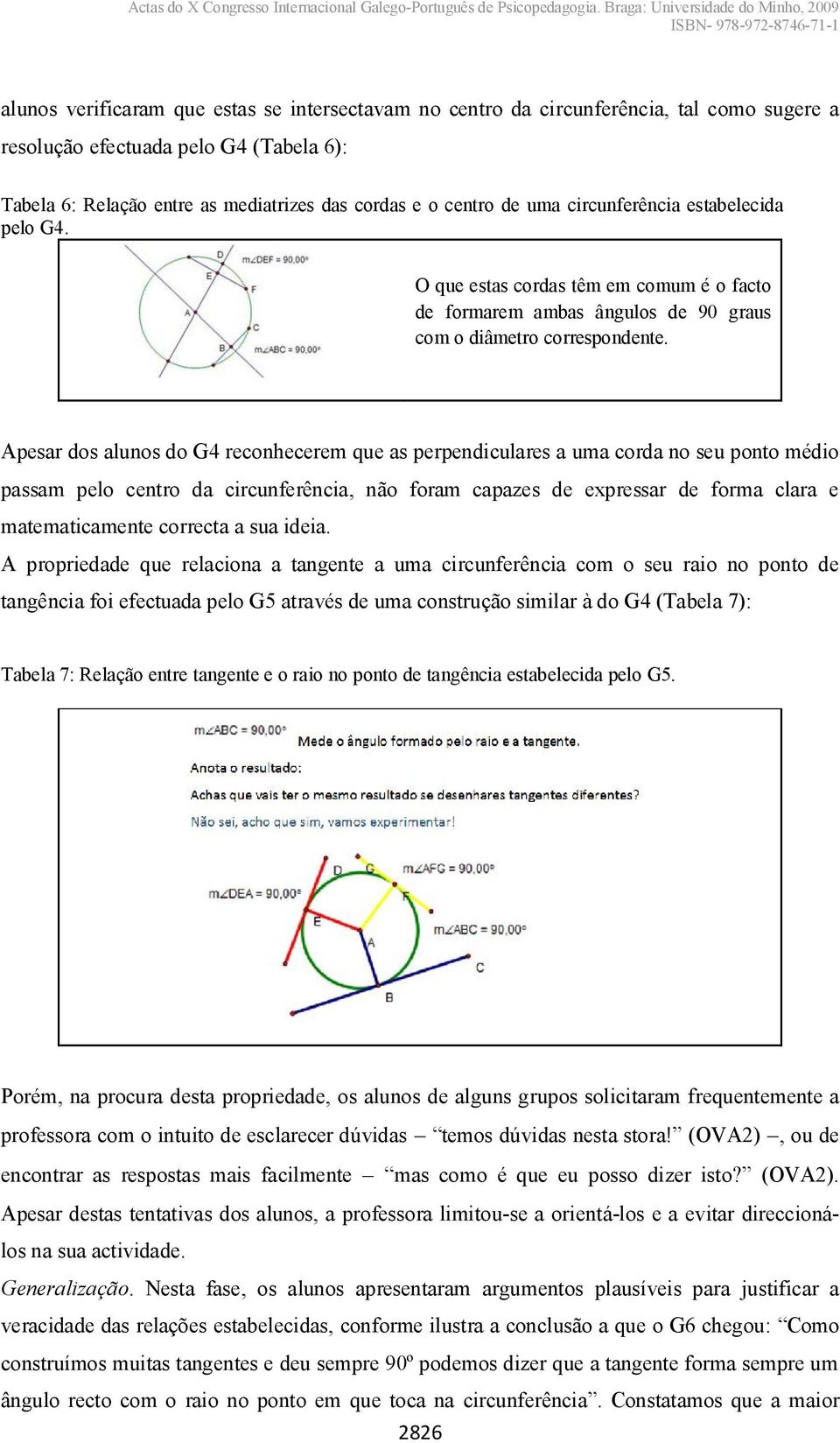 Apesar dos alunos do G4 reconhecerem que as perpendiculares a uma corda no seu ponto médio passam pelo centro da circunferência, não foram capazes de expressar de forma clara e matematicamente