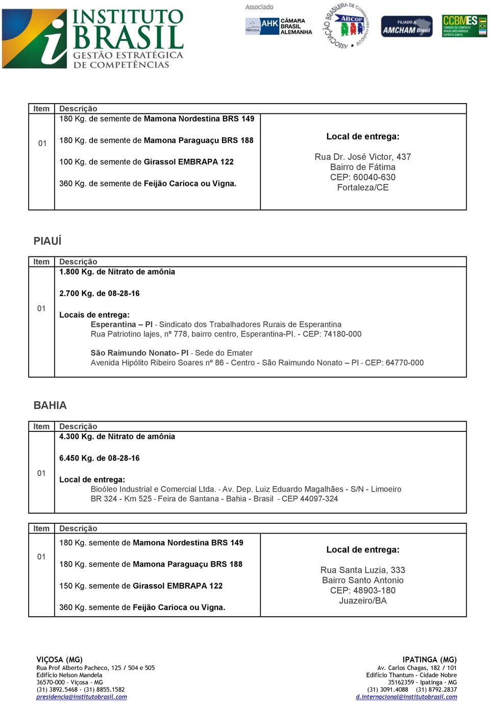 - CEP: 74180-000 São Raimundo Nonato- PI Sede do Emater Avenida Hipólito Ribeiro Soares nº 86 - Centro - São Raimundo Nonato PI CEP: 64770-000 BAHIA 4.300 Kg. de Nitrato de amônia 6.450 Kg.