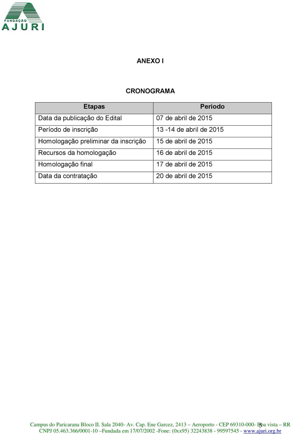 16 de abril de 2015 Homologação final 17 de abril de 2015 Data da contratação 20 de abril de 2015