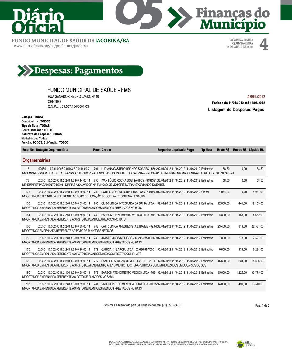 202/01/2012 11/04/2012 11/04/2012 Estimativa 58,50 IMP EMP RE PAGAMENTO DE 01 DIARIAS A SALVADOR NA FUNCAO DE ASSISTENTE SOCIAL PARA PATICIPAR DE TREINAMENTO NA CENTRAL DE REGULACAO NA SESAB 73