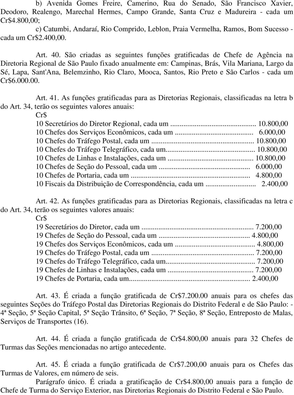 São criadas as seguintes funções gratificadas de Chefe de Agência na Diretoria Regional de São Paulo fixado anualmente em: Campinas, Brás, Vila Mariana, Largo da Sé, Lapa, Sant'Ana, Belemzinho, Rio