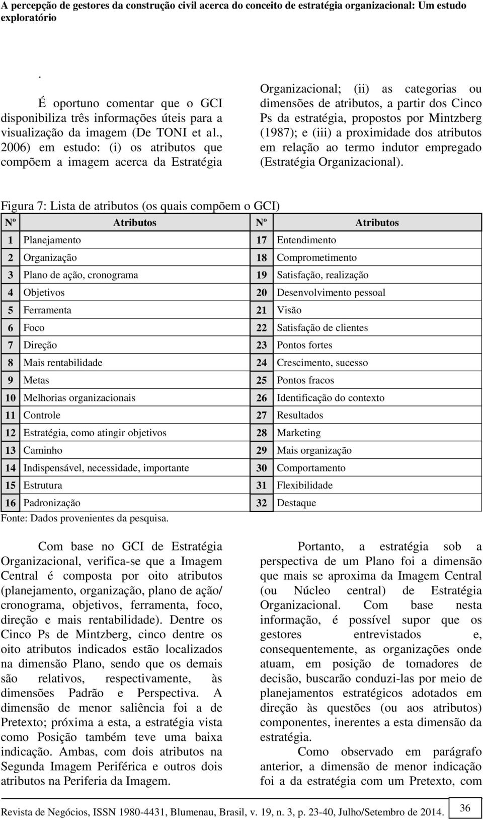 , 2006) em estudo: (i) os atributos que compõem a imagem acerca da Estratégia Organizacional; (ii) as categorias ou dimensões de atributos, a partir dos Cinco Ps da estratégia, propostos por