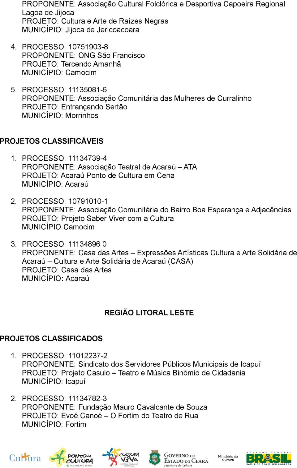 PROCESSO: 11135081-6 PROPONENTE: Associação Comunitária das Mulheres de Curralinho PROJETO: Entrançando Sertão MUNICÍPIO: Morrinhos PROJETOS CLASSIFICÁVEIS 1.