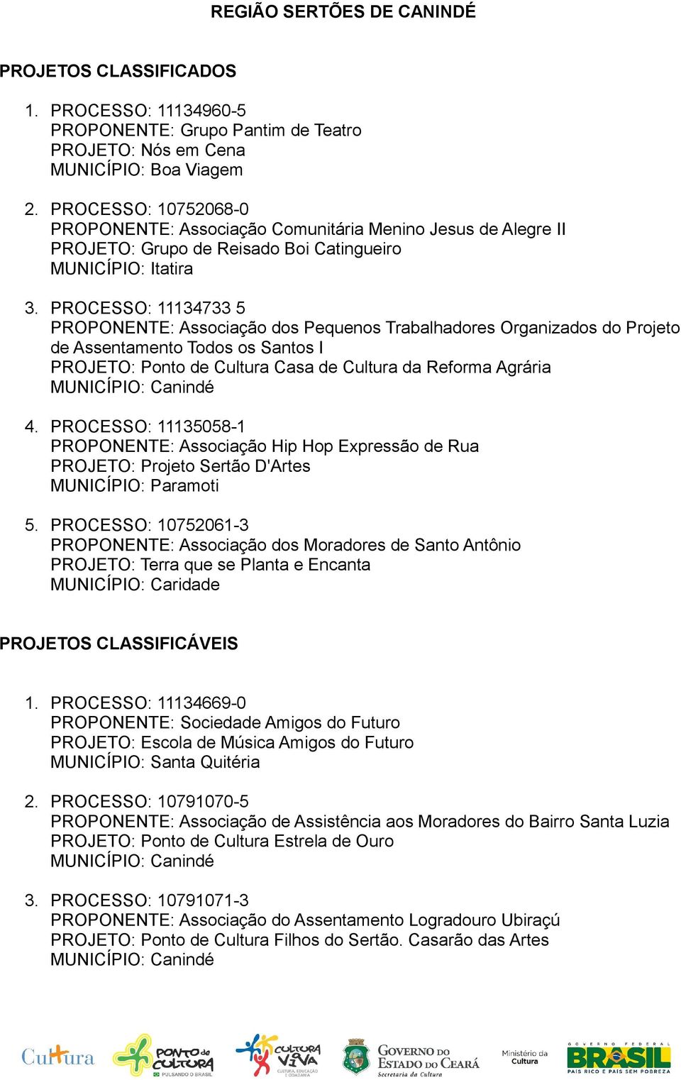 PROCESSO: 11134733 5 PROPONENTE: Associação dos Pequenos Trabalhadores Organizados do Projeto de Assentamento Todos os Santos I PROJETO: Ponto de Cultura Casa de Cultura da Reforma Agrária MUNICÍPIO: