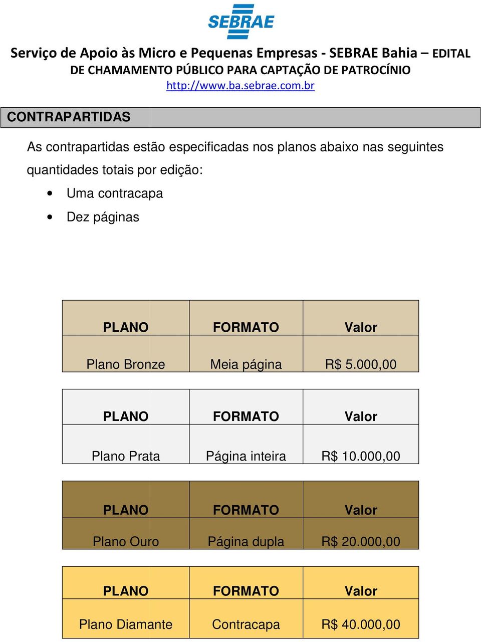 Plano Bronze Meia página R$ 5.000,00 Plano Prata Página inteira R$ 10.
