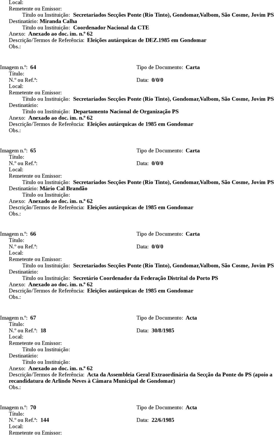 º: 65 Secretariados Secções Ponte (Rio Tinto),,Valbom, São Cosme, Jovim PS Mário Cal Brandão Anexado ao doc. im. n.º 62 Descrição/Termos de Referência: Eleições autárquicas de 1985 em Imagem n.