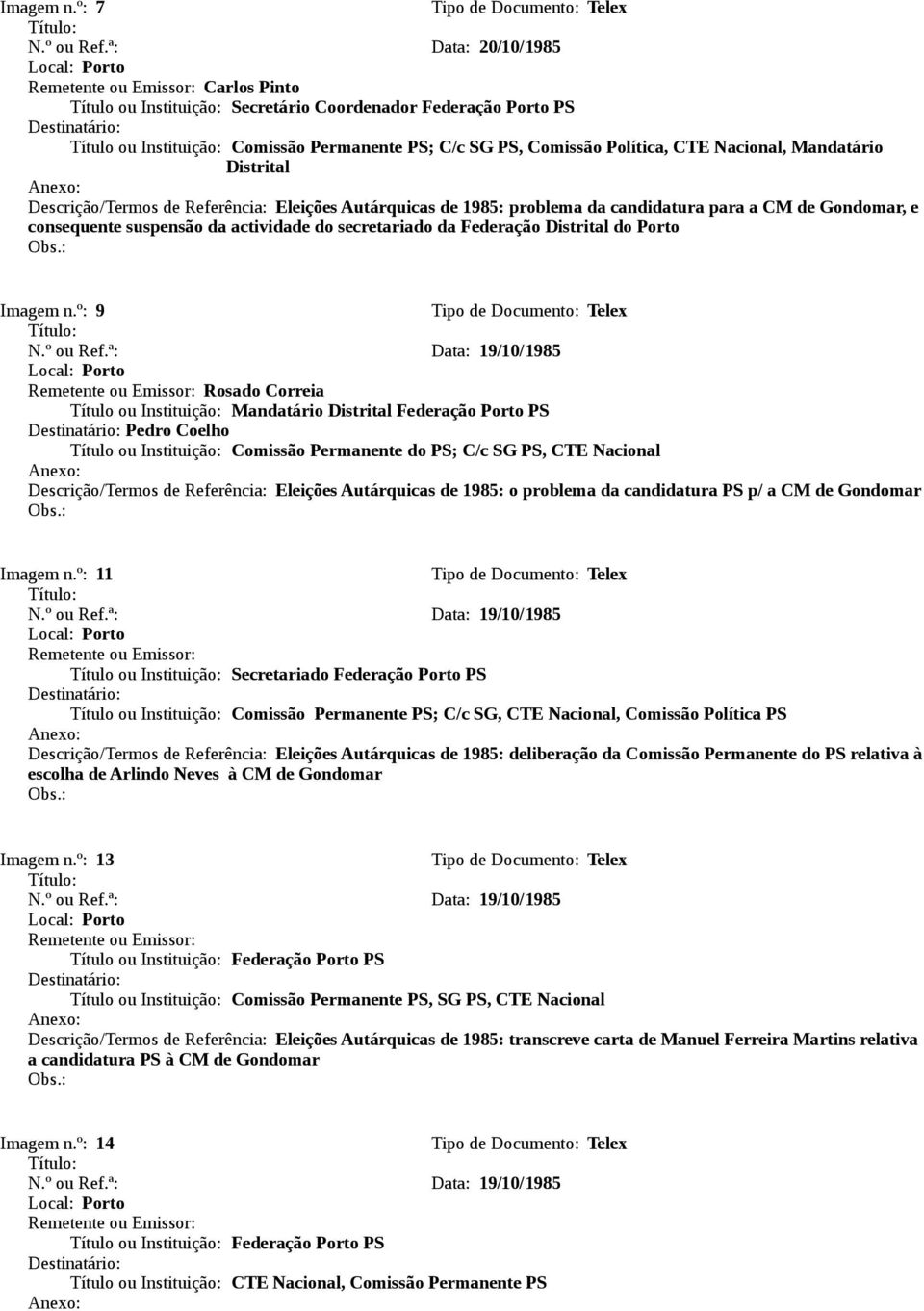 Referência: Eleições Autárquicas de 1985: problema da candidatura para a CM de, e consequente suspensão da actividade do secretariado da Federação Distrital do Porto Imagem n.º: 9 N.º ou Ref.