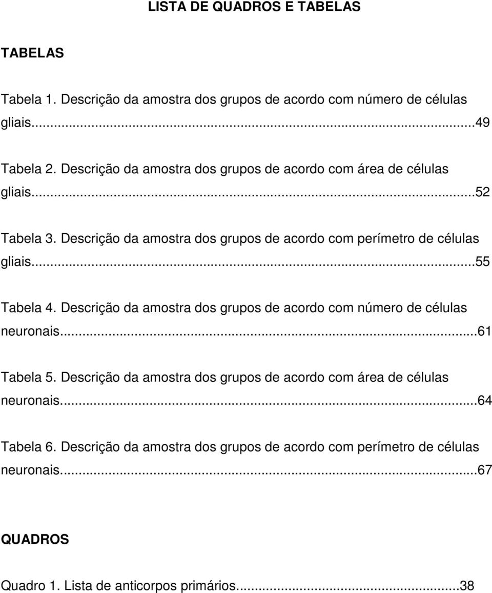 Descrição da amostra dos grupos de acordo com perímetro de células gliais...55 Tabela 4.