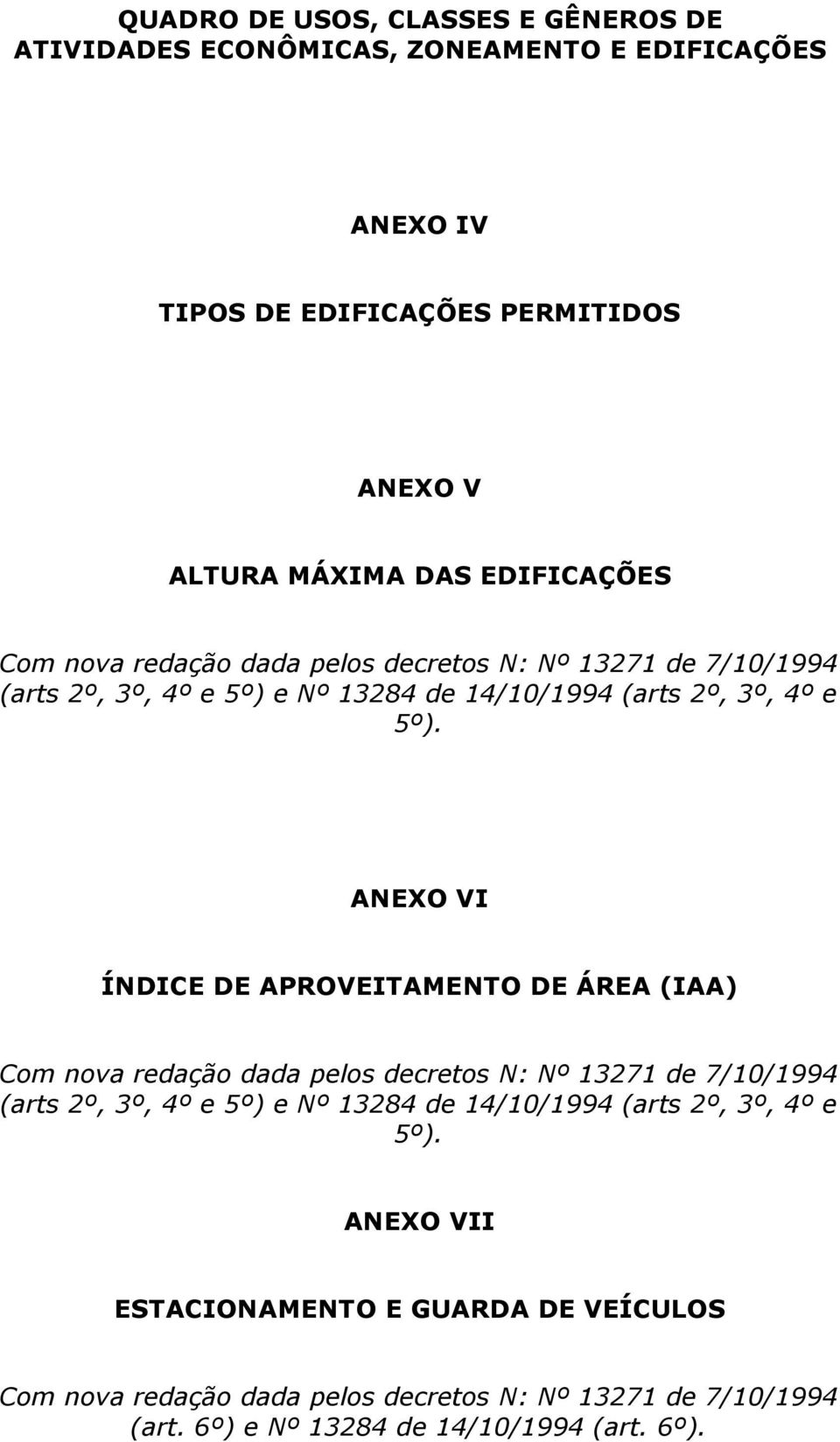 ANEXO VI ÍNDICE DE APROVEITAMENTO DE ÁREA (IAA) Com nova redação dada pelos decretos N: Nº 13271 de 7/10/1994 (arts 2º, 3º, 4º e 5º) e Nº 13284 de 14/10/1994