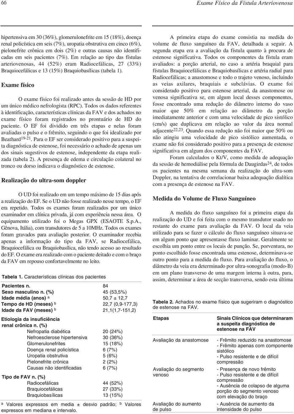 Em relação ao tipo das fístulas arteriovenosas, 44 (52%) eram Radiocefálicas, 27 (33%) Braquiocefálicas e 13 (15%) Braquiobasílicas (tabela 1).