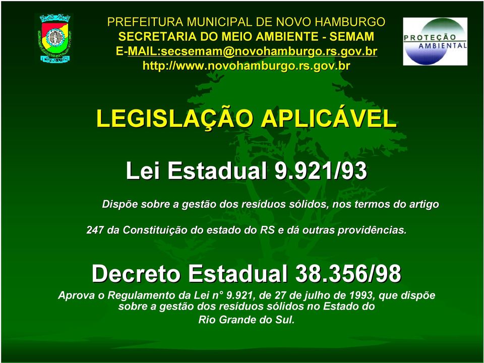 providências. Decreto Estadual 38.356/98 Decreto Estadual 38.356/98 Aprova o Regulamento da Lei n 9.