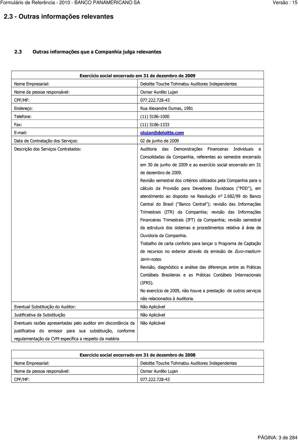 responsável: Osmar Aurélio Lujan CPF/MF: 077.222.728-43 Endereço: Rua Alexandre Dumas, 1981 Telefone: (11) 5186-1000 Fax: (11) 5186-1333 E-mail: olujan@deloitte.