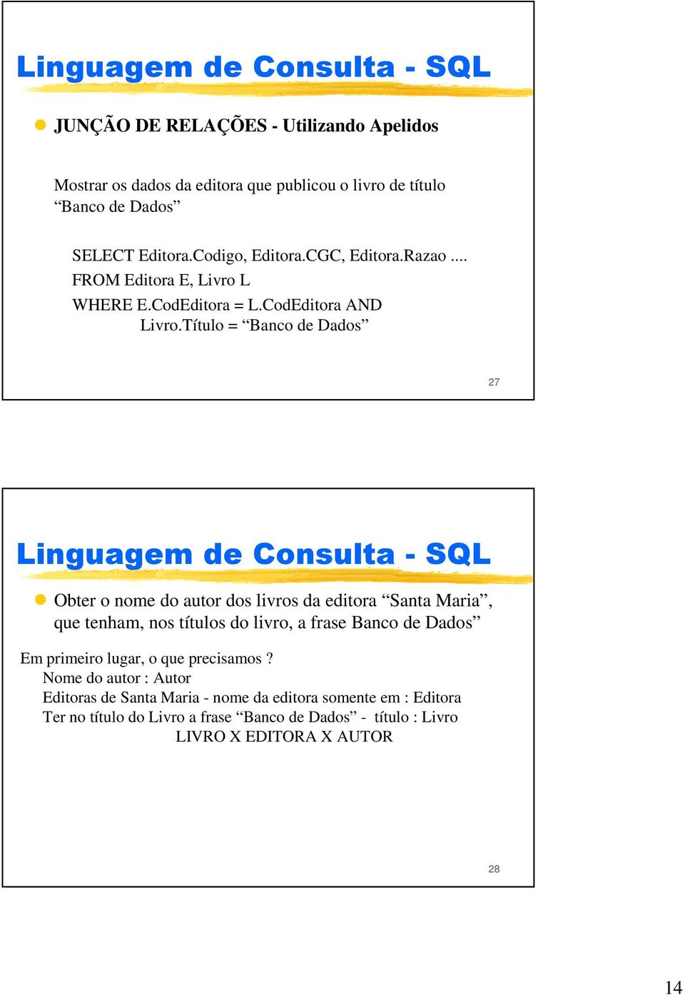 Título = Banco de Dados 27 Obter o nome do autor dos livros da editora Santa Maria, que tenham, nos títulos do livro, a frase Banco de Dados Em