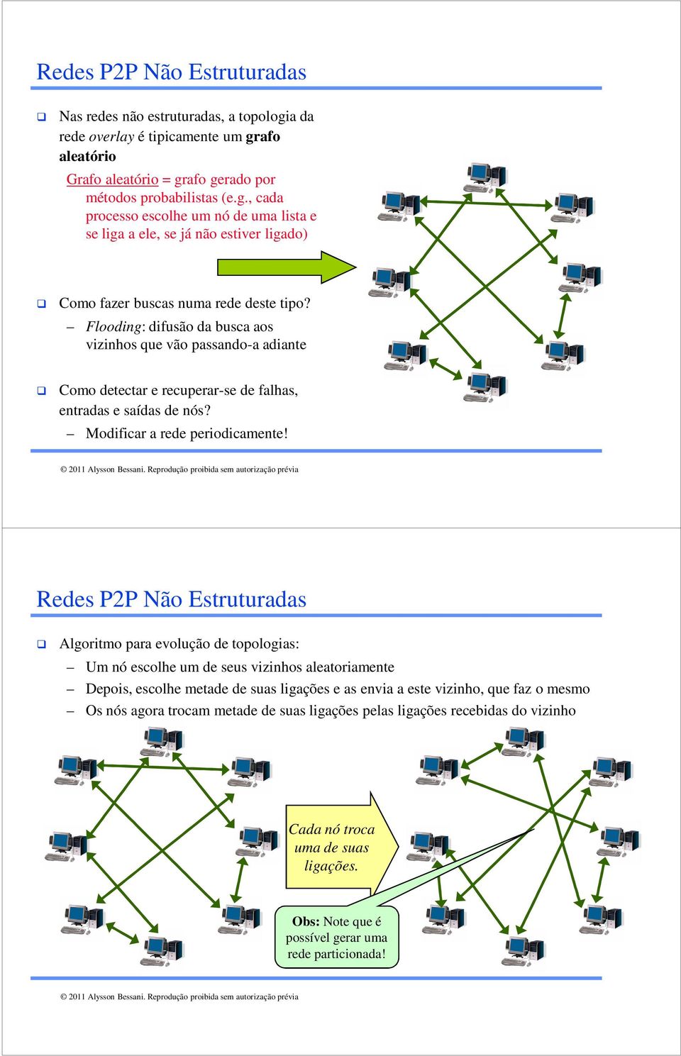 Redes P2P Não Estruturadas Algoritmo para evolução de topologias: Um nó escolhe um de seus vizinhos aleatoriamente Depois, escolhe metade de suas ligações e as envia a este vizinho, que faz o mesmo