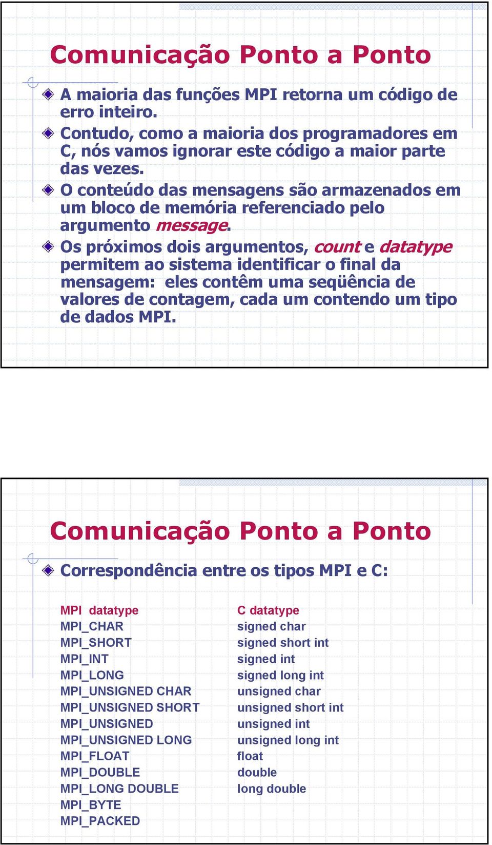 Os próximos dois argumentos, count e datatype permitem ao sistema identificar o final da mensagem: eles contêm uma seqüência de valores de contagem, cada um contendo um tipo de dados MPI.