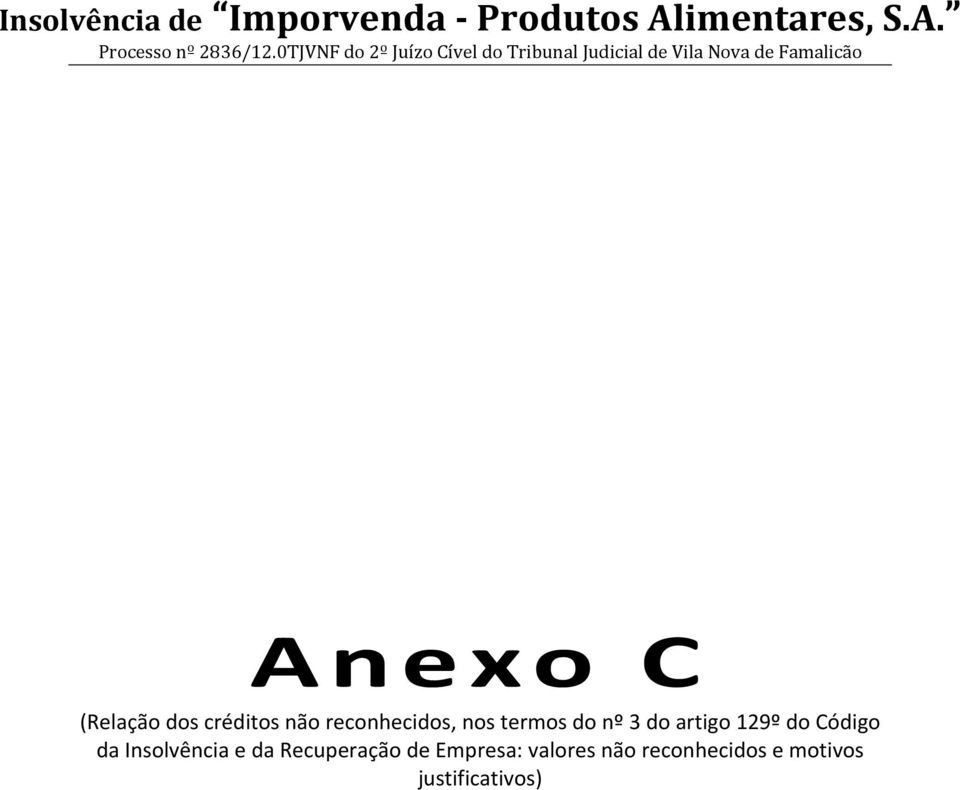 Anexo C (Relação dos créditos não reconhecidos, nos termos