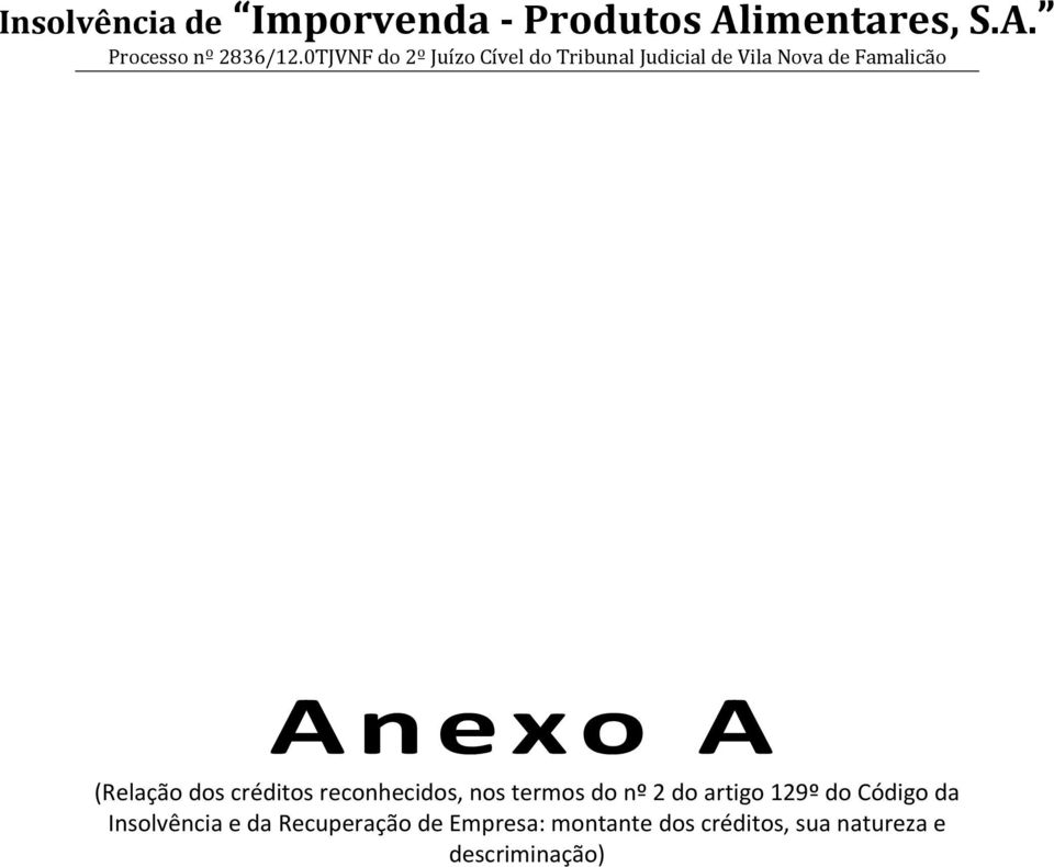 Anexo A (Relação dos créditos reconhecidos, nos termos do