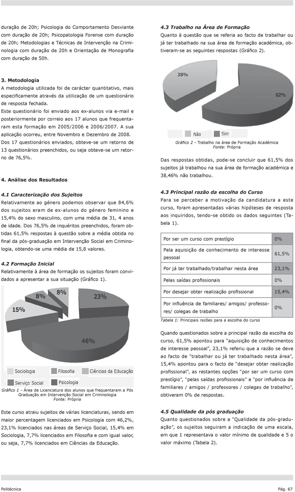 3 Trabalho na Área de Formação Quanto à questão que se referia ao facto de trabalhar ou já ter trabalhado na sua área de formação académica, obtiveram-se as seguintes respostas (Gráfico 2). 3.