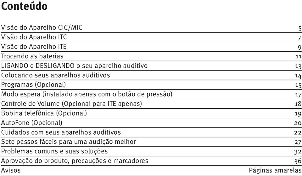 Controle de Volume (Opcional para ITE apenas) 18 Bobina telefônica (Opcional) 19 AutoFone (Opcional) 20 Cuidados com seus aparelhos auditivos