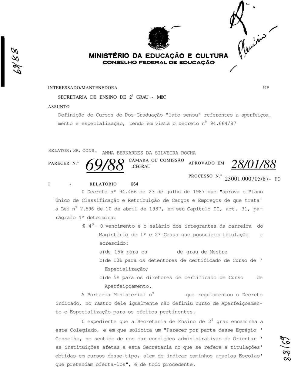 466 de 23 de julho de 1987 que "aprova o Plano Único de Classificação e Retribuição de Cargos e Empregos de que trata' a Lei n 9 7.596 de 10 de abril de 1987, em seu Capítulo II, art.