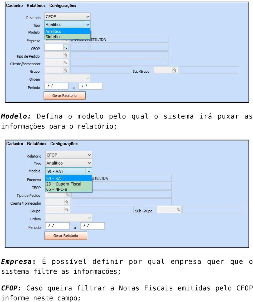 qual empresa quer que o sistema filtre as informações; CFOP: