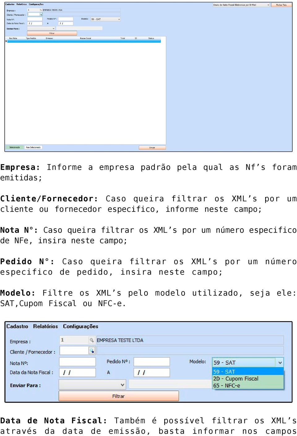 Pedido N : Caso queira filtrar os XML s por um número especifico de pedido, insira neste campo; Modelo: Filtre os XML s pelo modelo