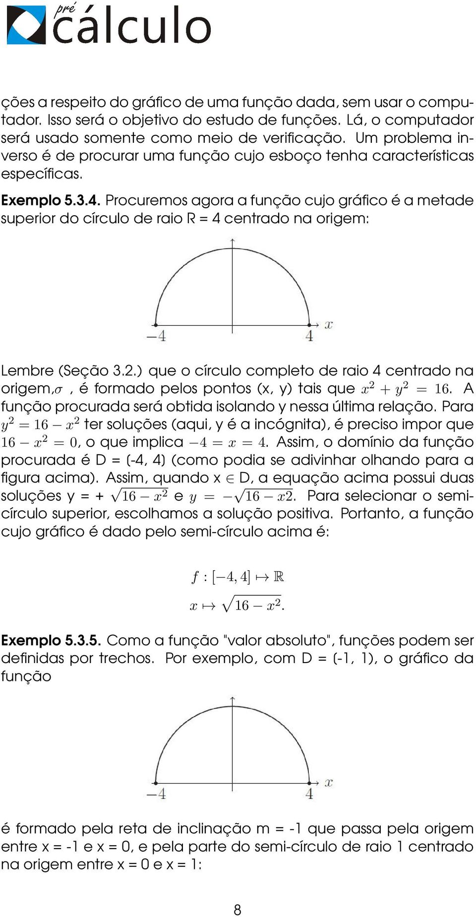 Procuremos agora a função cujo gráfico é a metade superior do círculo de raio R = 4 centrado na origem: Lembre (Seção 3.2.