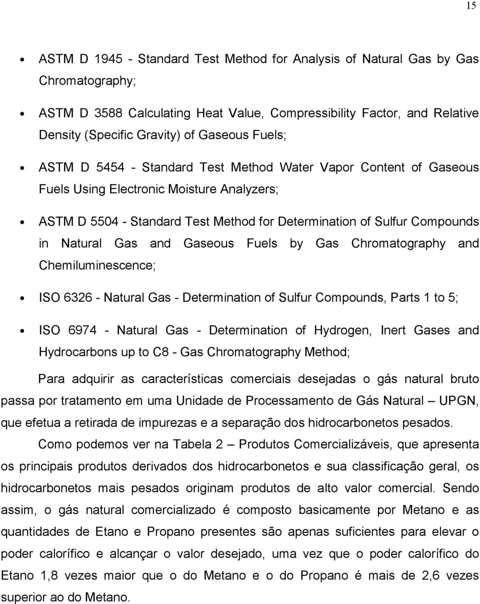 Gas and Gaseous Fuels by Gas Chromatography and Chemiluminescence; ISO 6326 - Natural Gas - Determination of Sulfur Compounds, Parts 1 to 5; ISO 6974 - Natural Gas - Determination of Hydrogen, Inert