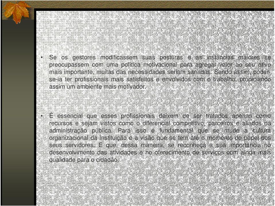 É essencial que esses profissionais deixem de ser tratados apenas como recursos e sejam vistos como o diferencial competitivo, parceiros e aliados da administração pública.