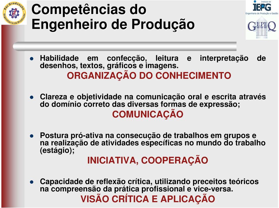 COMUNICAÇÃO Postura pró-ativa na consecução de trabalhos em grupos e na realização de atividades específicas no mundo do trabalho (estágio);