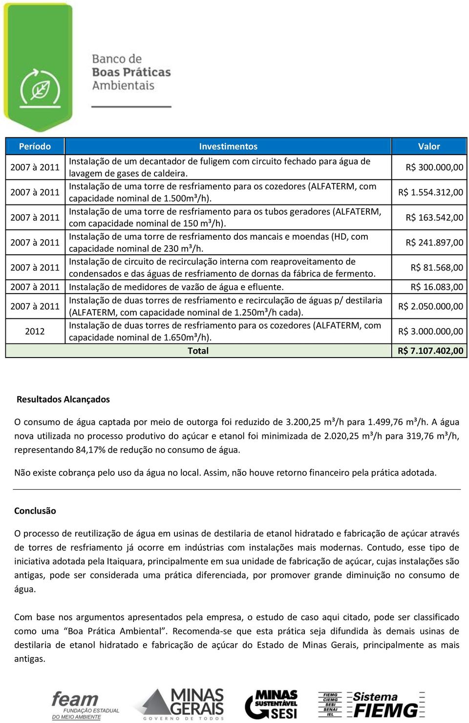 312,00 Instalação de uma torre de resfriamento para os tubos geradores (ALFATERM, com capacidade nominal de 150 m³/h). R$ 163.