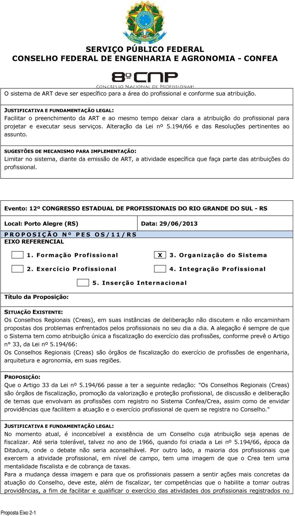 194/66 e das Resoluções pertinentes ao assunto. Limitar no sistema, diante da emissão de ART, a atividade específica que faça parte das atribuições do profissional.