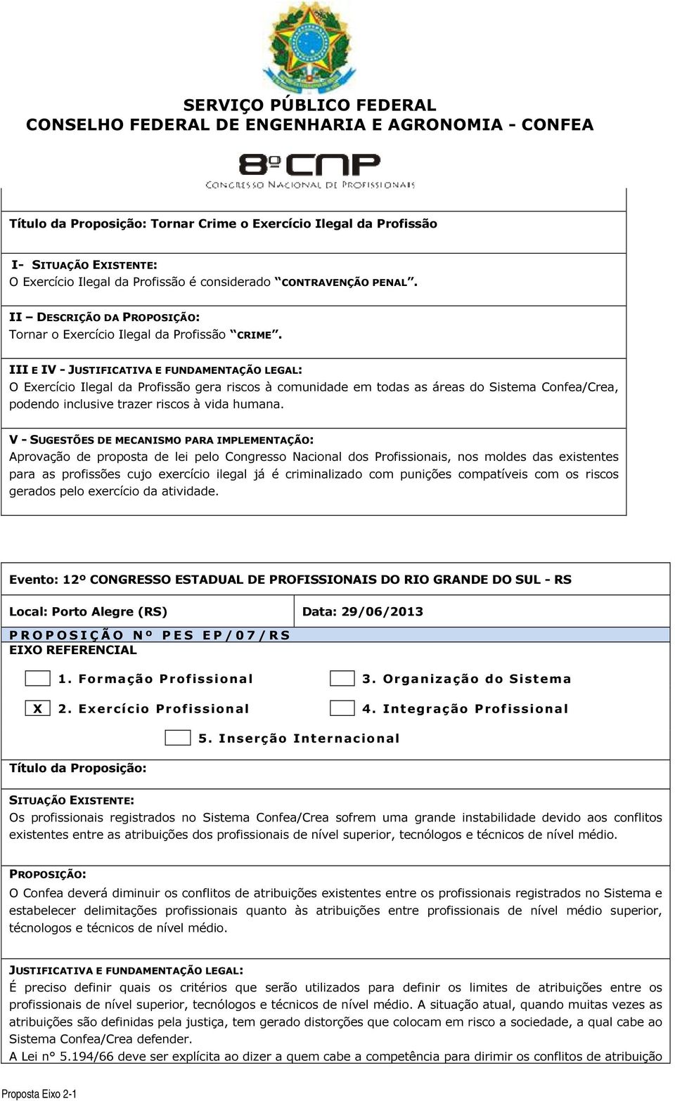 V - Aprovação de proposta de lei pelo Congresso Nacional dos Profissionais, nos moldes das existentes para as profissões cujo exercício ilegal já é criminalizado com punições compatíveis com os