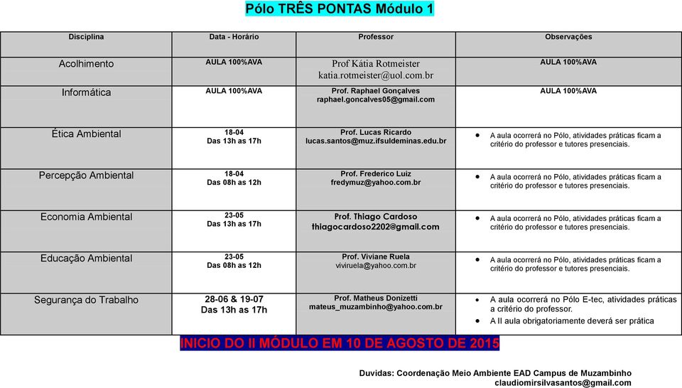 com.br Economia Ambiental 23-05 thiagocardoso2202@gmail.com Educação Ambiental 23-05 viviruela@yahoo.com.br Segurança do Trabalho 28-06 & 19-07 mateus_muzambinho@yahoo.