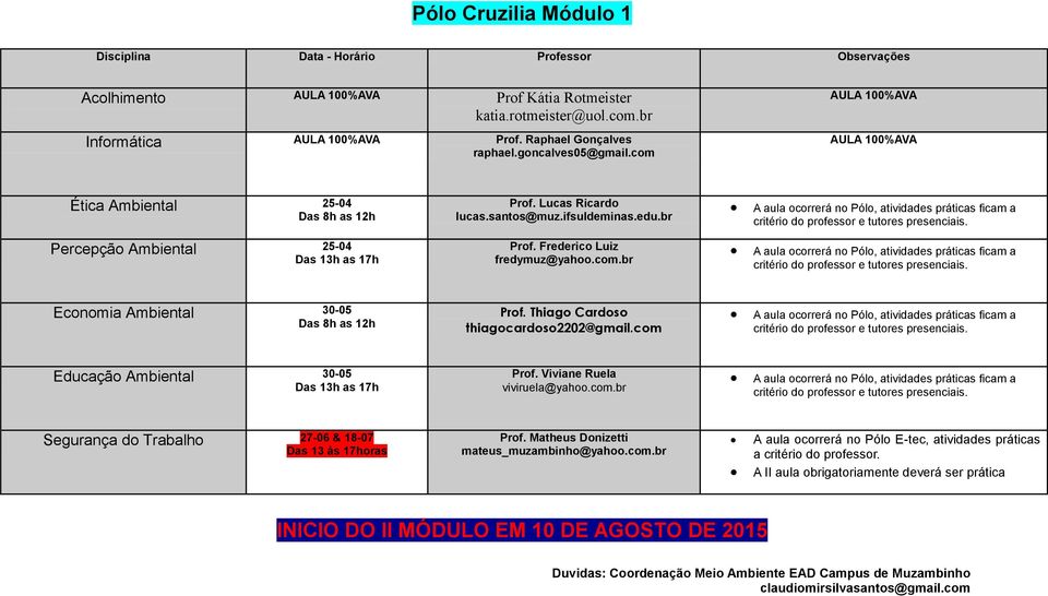 com Educação Ambiental 30-05 viviruela@yahoo.com.br Segurança do Trabalho 27-06 & 18-07 Das 13 ás 17horas mateus_muzambinho@yahoo.