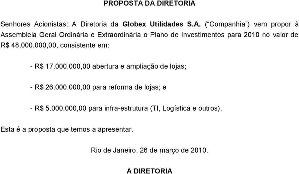 Ordinária e Extraordinária o Plano de Investimentos para 2010 no valor de R$ 48.000.