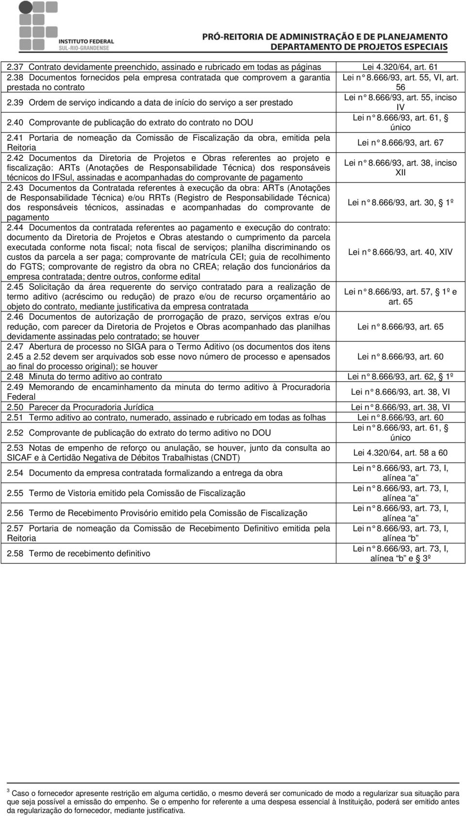 40 Comprovante de publicação do extrato do contrato no DOU 2.41 Portaria de nomeação da Comissão de Fiscalização da obra, emitida pela Lei n 8.666/93, art. 67 2.