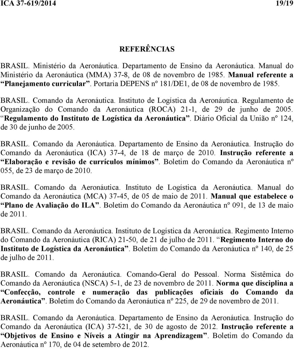 Regulamento de Organização do Comando da Aeronáutica (ROCA) 21-1, de 29 de junho de 2005. Regulamento do Instituto de Logística da Aeronáutica. Diário Oficial da União nº 124, de 30 de junho de 2005.