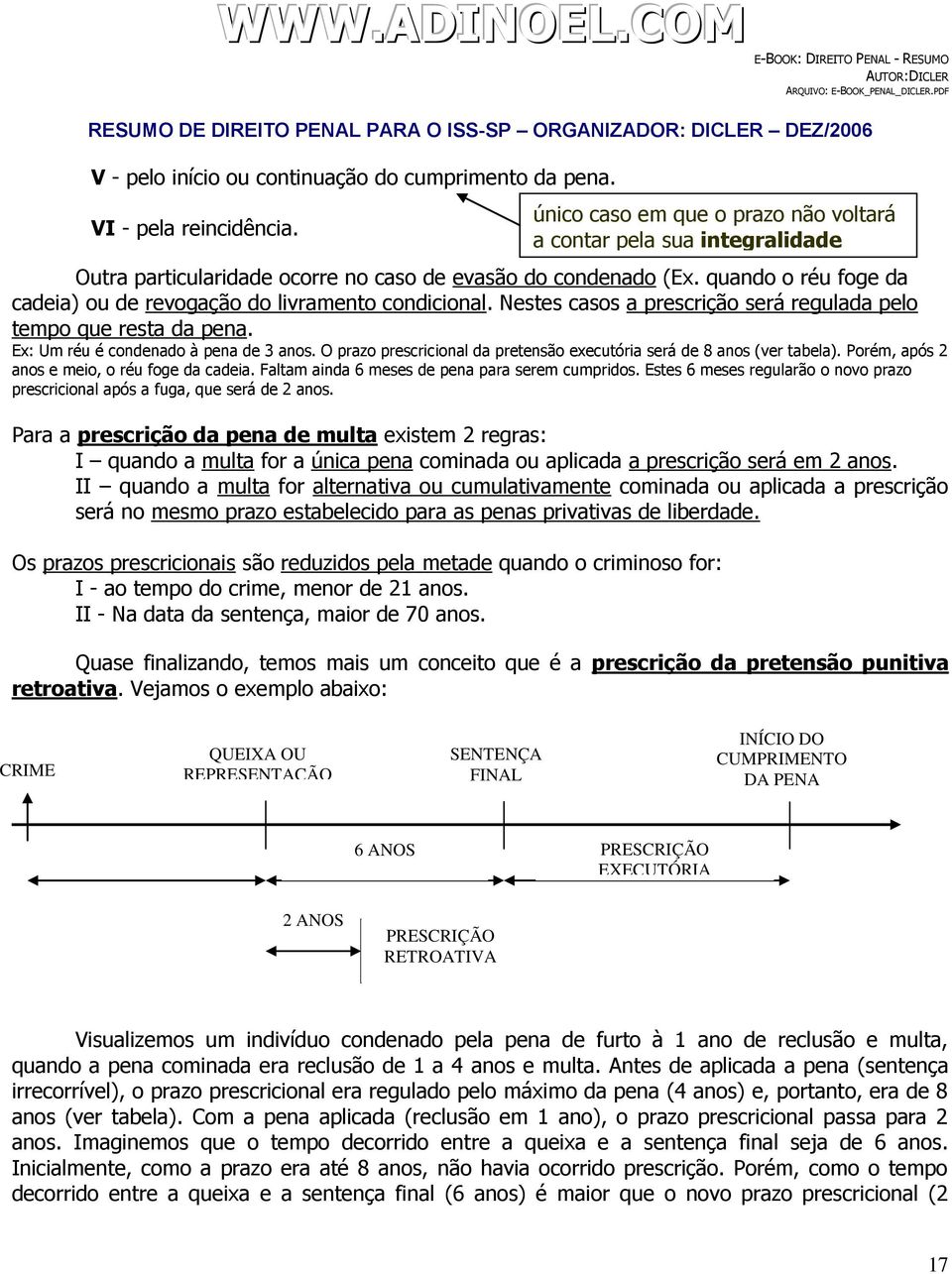 quando o réu foge da cadeia) ou de revogação do livramento condicional. Nestes casos a prescrição será regulada pelo tempo que resta da pena. Ex: Um réu é condenado à pena de 3 anos.