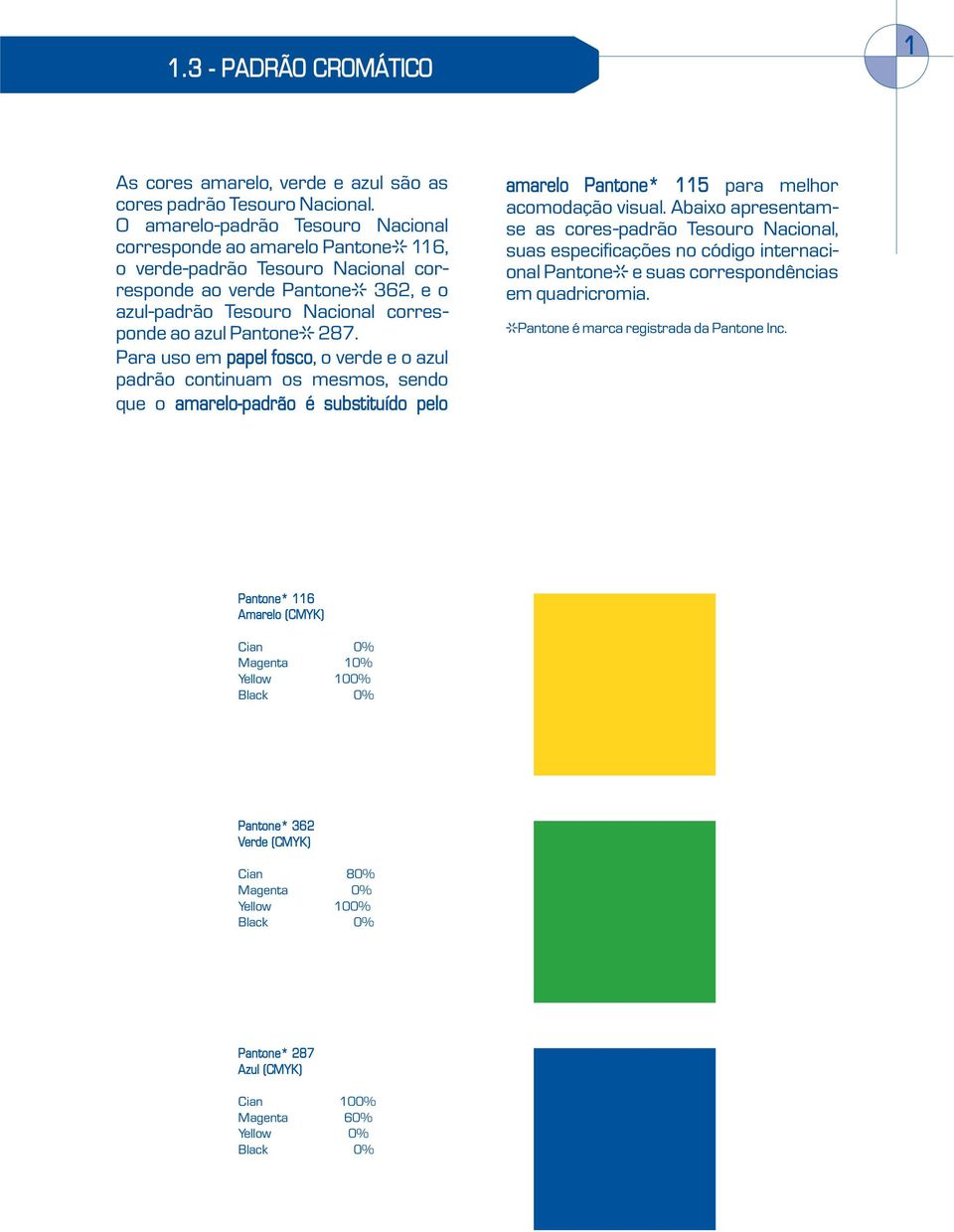 287. Para uso em papel fosco, o verde e o azul padrão continuam os mesmos, sendo que o amarelo-padrão é substituído pelo amarelo Pantone* 5 para melhor acomodação visual.