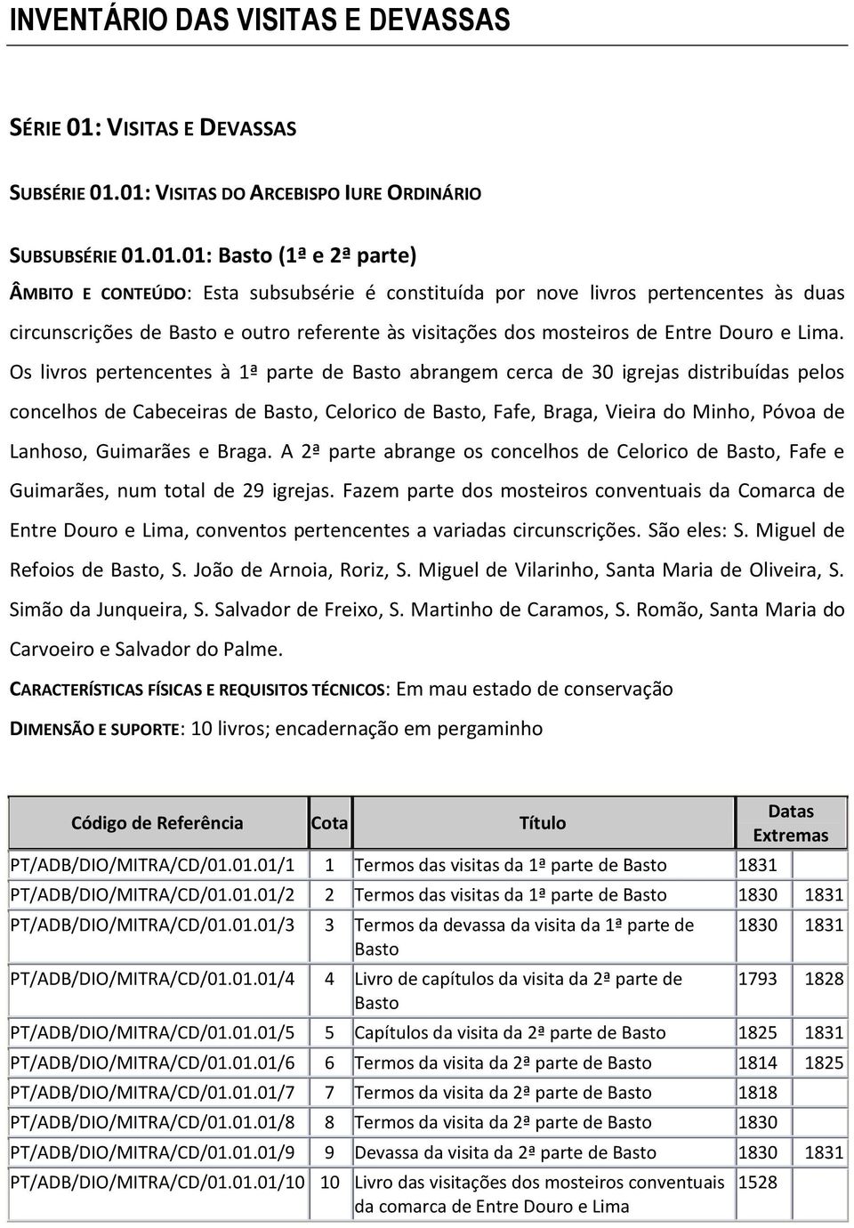 01: VISITAS DO ARCEBISPO IURE ORDINÁRIO SUBSUBSÉRIE 01.01.01: Basto (1ª e 2ª parte) ÂMBITO E CONTEÚDO: Esta subsubsérie é constituída por nove livros pertencentes às duas circunscrições de Basto e