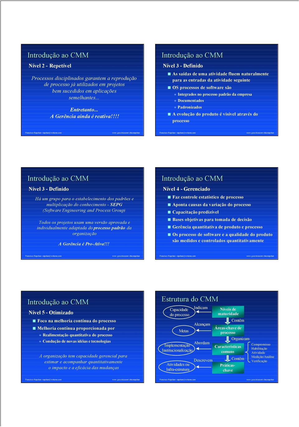 Padronizados A evolução do produto é visível através do processo Nível 3 - Definido Há um grupo para o estabelecimento dos padrões e multiplicação do conhecimento - SEPG (Software Engineering and