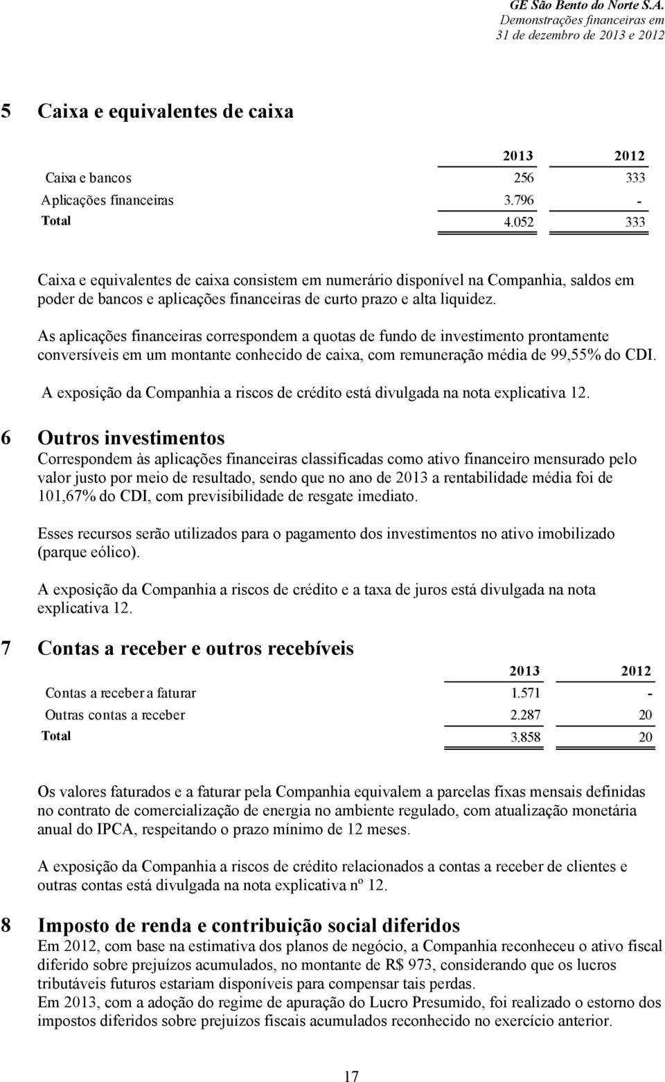 As aplicações financeiras correspondem a quotas de fundo de investimento prontamente conversíveis em um montante conhecido de caixa, com remuneração média de 99,55% do CDI.