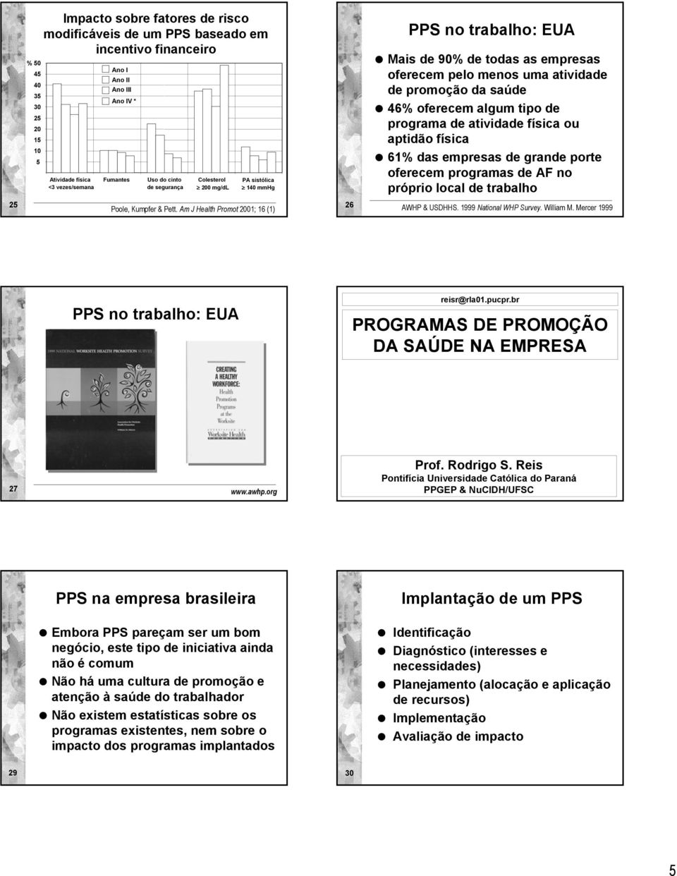 Am J Health Promot 01; 16 (1) PPS no trabalho: EUA Mais de 90% de todas as empresas oferecem pelo menos uma atividade de promoção da saúde 46% oferecem algum tipo de programa de atividade física ou