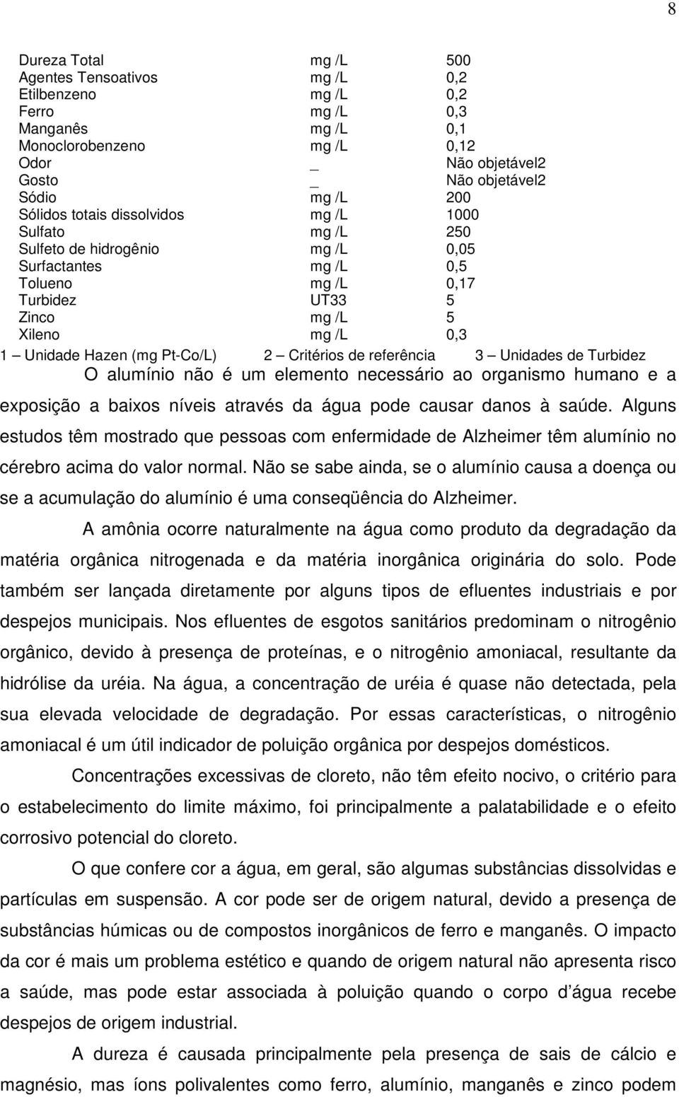 (mg Pt-Co/L) 2 Critérios de referência 3 Unidades de Turbidez O alumínio não é um elemento necessário ao organismo humano e a exposição a baixos níveis através da água pode causar danos à saúde.