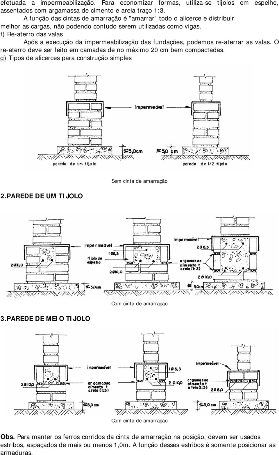 f) Re-aterro das valas Após a execução da impermeabilização das fundações, podemos re-aterrar as valas. O re-aterro deve ser feito em camadas de no máximo 20 cm bem compactadas.