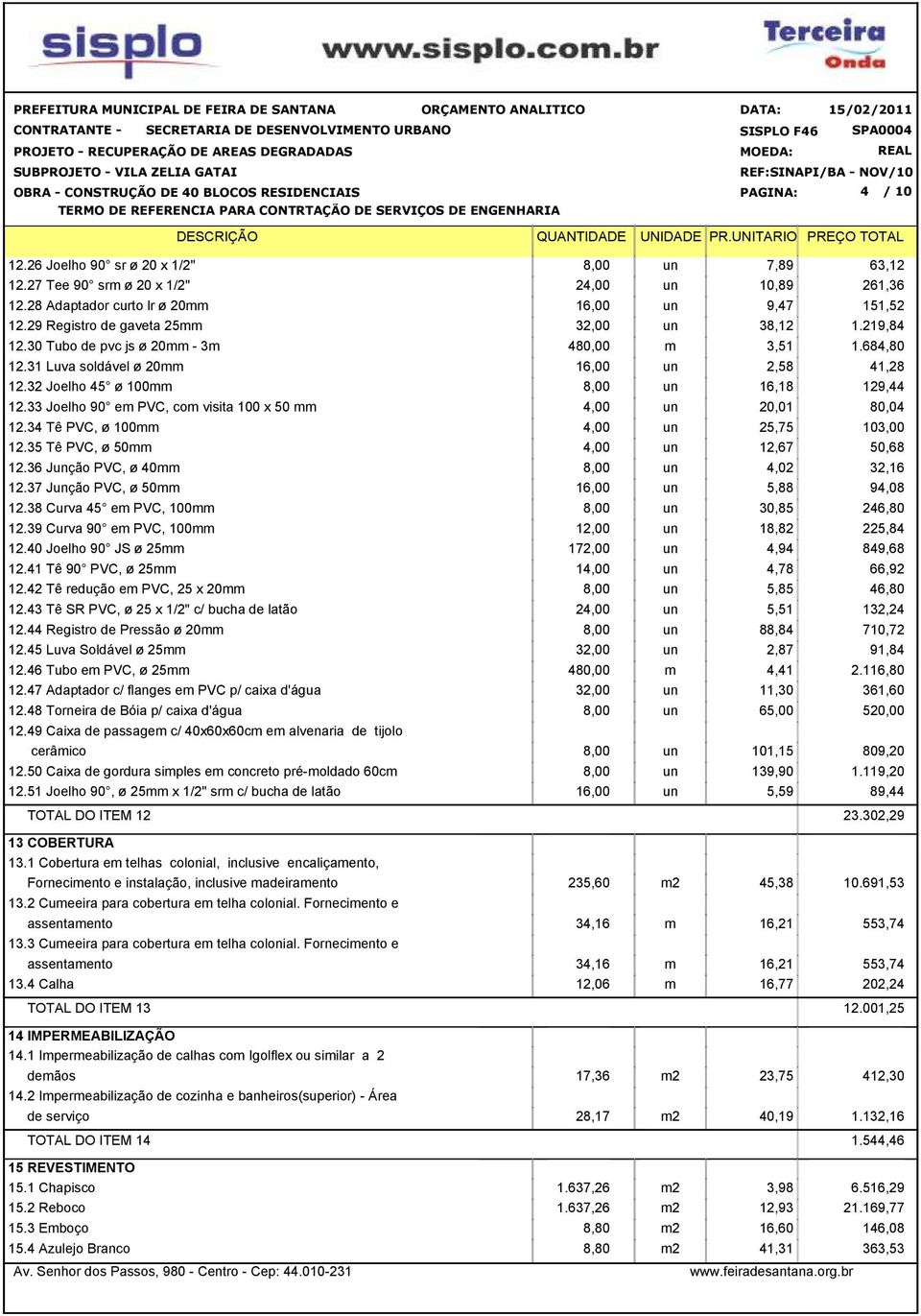 31 Luva soldável ø 20mm 16,00 un 2,58 41,28 12.32 Joelho 45 ø 100mm 8,00 un 16,18 129,44 12.33 Joelho 90 em PVC, com visita 100 x 50 mm 4,00 un 20,01 80,04 12.